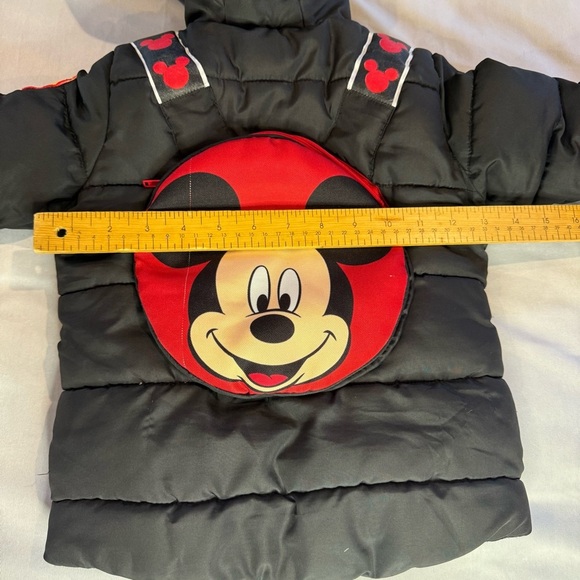 Disney Winter Coat & Mickey Stuffy, Kids Black Red Hooded Puffer Backpack Sz 2T - Picture 14 of 16